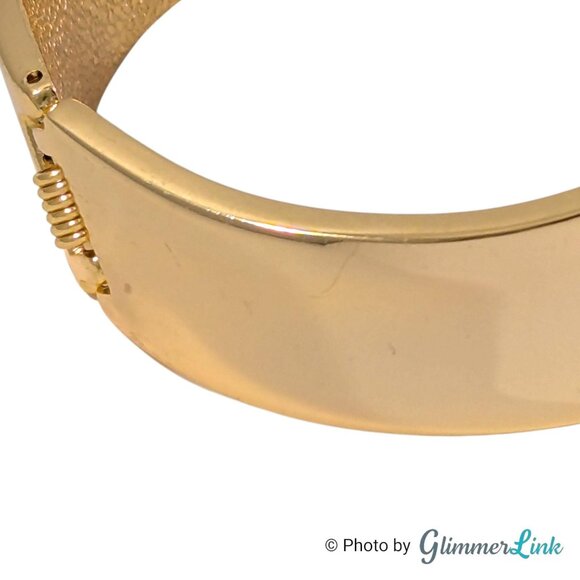 Vintage Modernist Clear Rhinestone Accents Gold Tone Hinged Cuff Bracelet - Picture 7 of 9